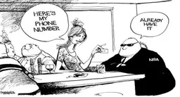 pencil sketch of a bar where a women says "here is my phone number" and an NSA agent replies "already have it"